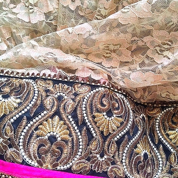 DESIGNER Rose gold & pearl Lace & Velvet embroidered half & half saree W/ Blouse - Picture 11 of 16
